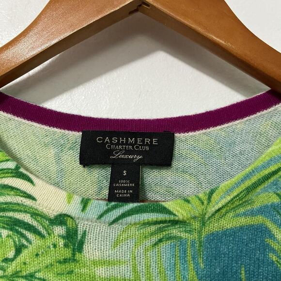 Charter Club Tropical Palm Print Cashmere Sweater Size S Green Quiet Luxury - Picture 5 of 6